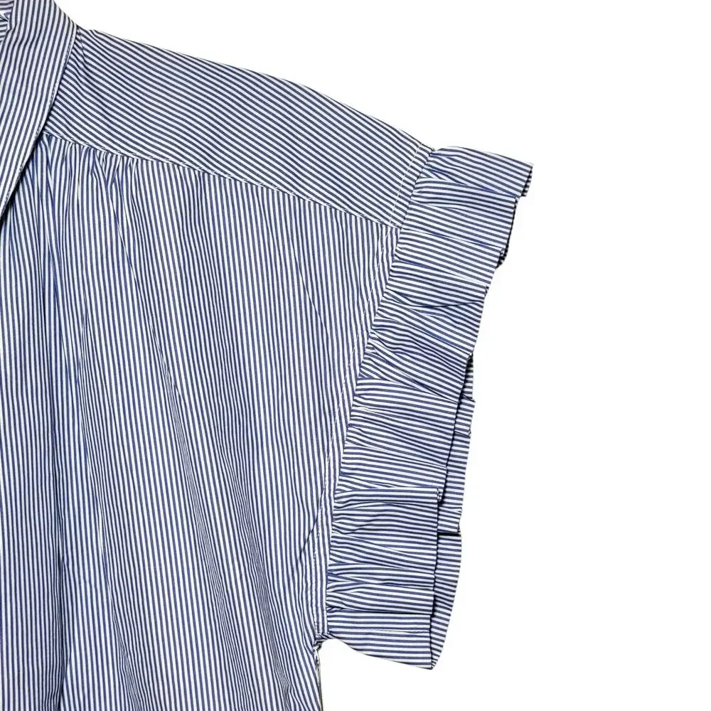 Travota Marianne NWT Birds of Paradise Button Ruffle Shirt Blue White Cotton XS - Picture 6 of 14